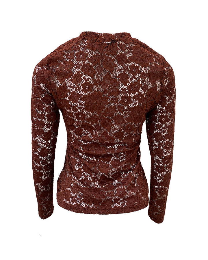 Women's Sexy Sheer Lace Top Long Sleeve O-Neck Slim Fit See-Through Elegant Blouse Base Layer Shirt