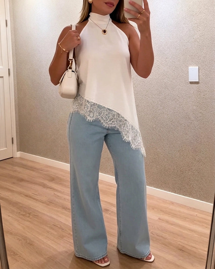 Women's Halter Tie Lace Patchwork Top Elegant Sleeveless Asymmetrical Hem Blouse