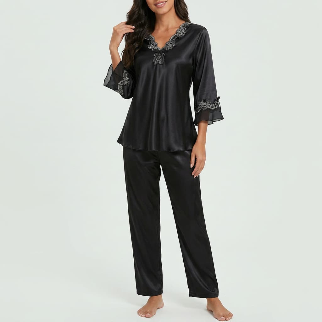 Vivienne | Lace-Trim Satin Pajama Set