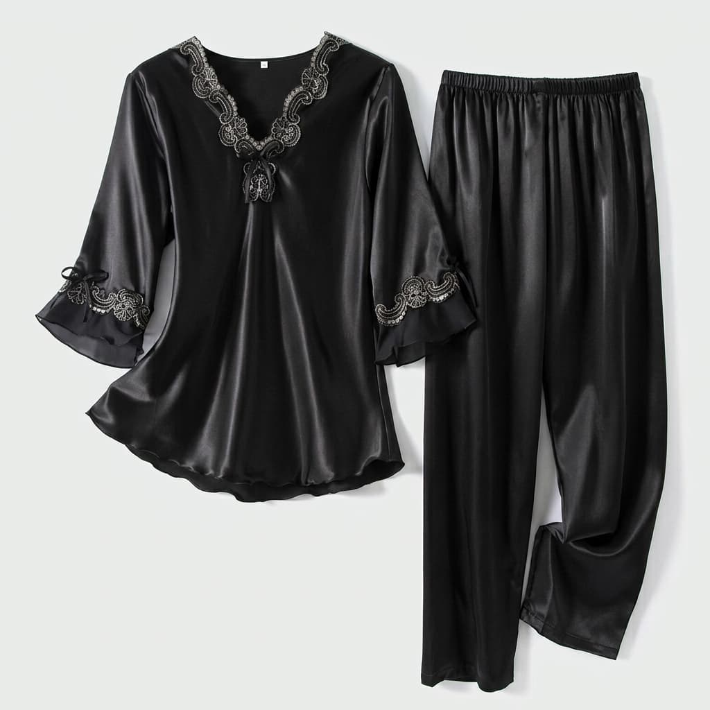 Vivienne | Lace-Trim Satin Pajama Set