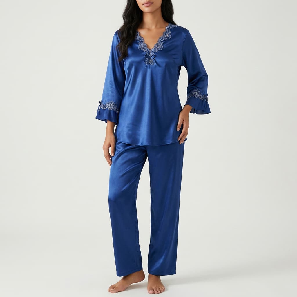 Vivienne | Lace-Trim Satin Pajama Set