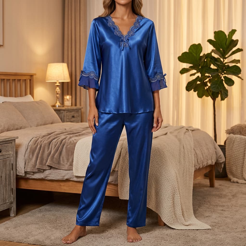 Vivienne | Lace-Trim Satin Pajama Set