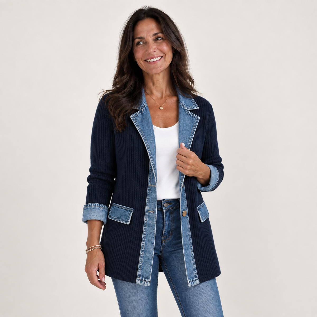 Liv™ | Denim-Trim Knit Jacket