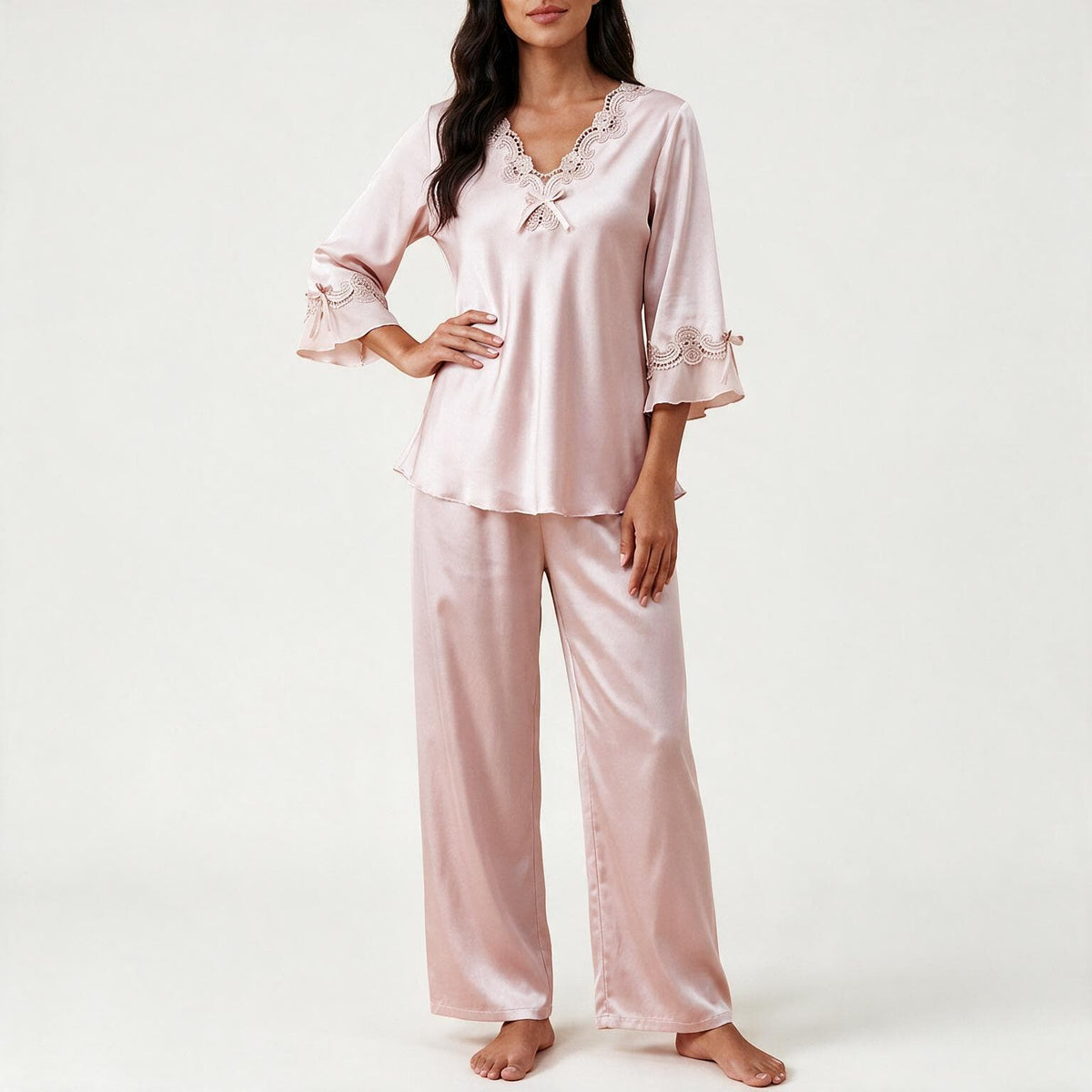 Vivienne | Lace-Trim Satin Pajama Set