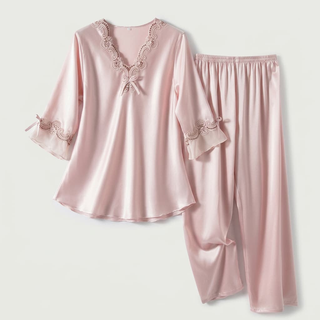 Vivienne | Lace-Trim Satin Pajama Set