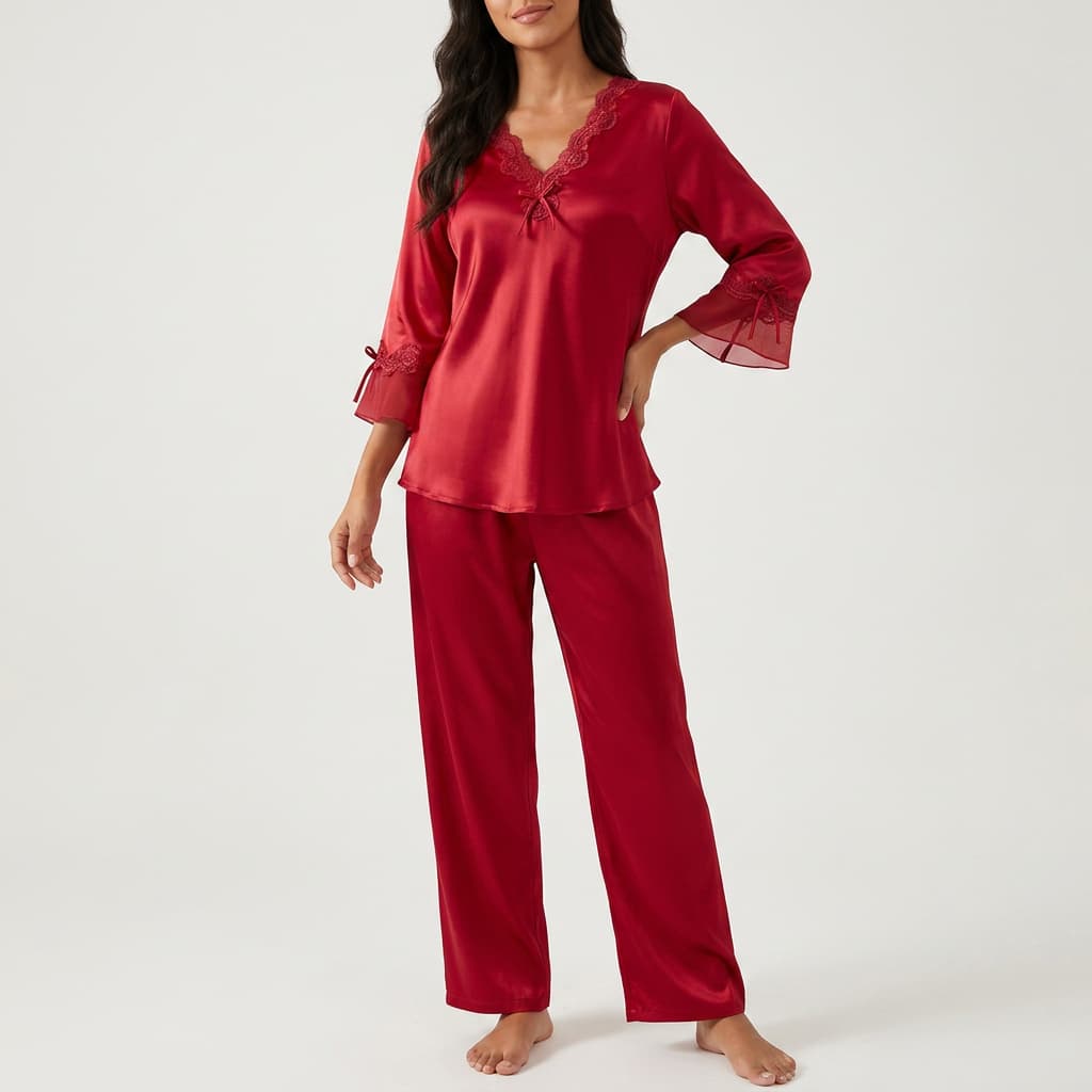 Vivienne | Lace-Trim Satin Pajama Set