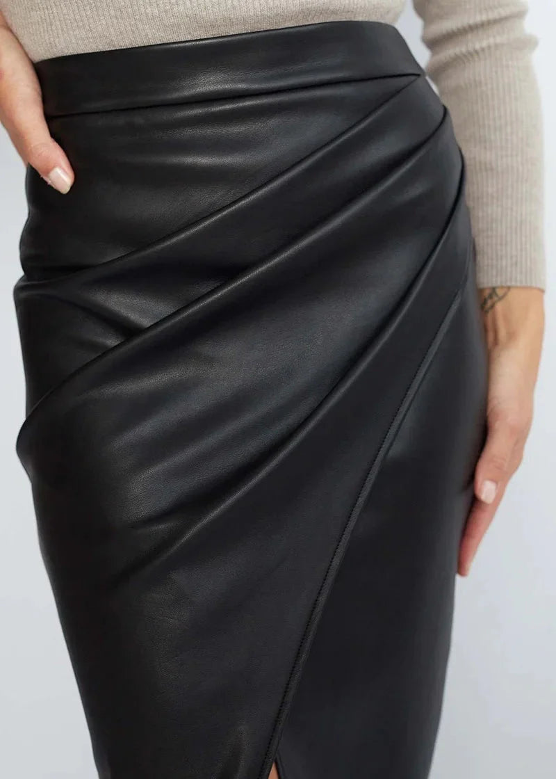 Draped Leather Midi Skirt
