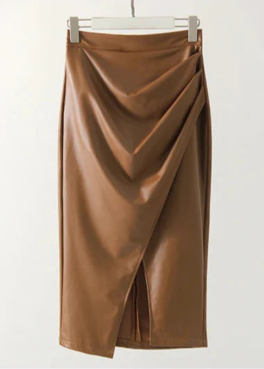 Draped Leather Midi Skirt