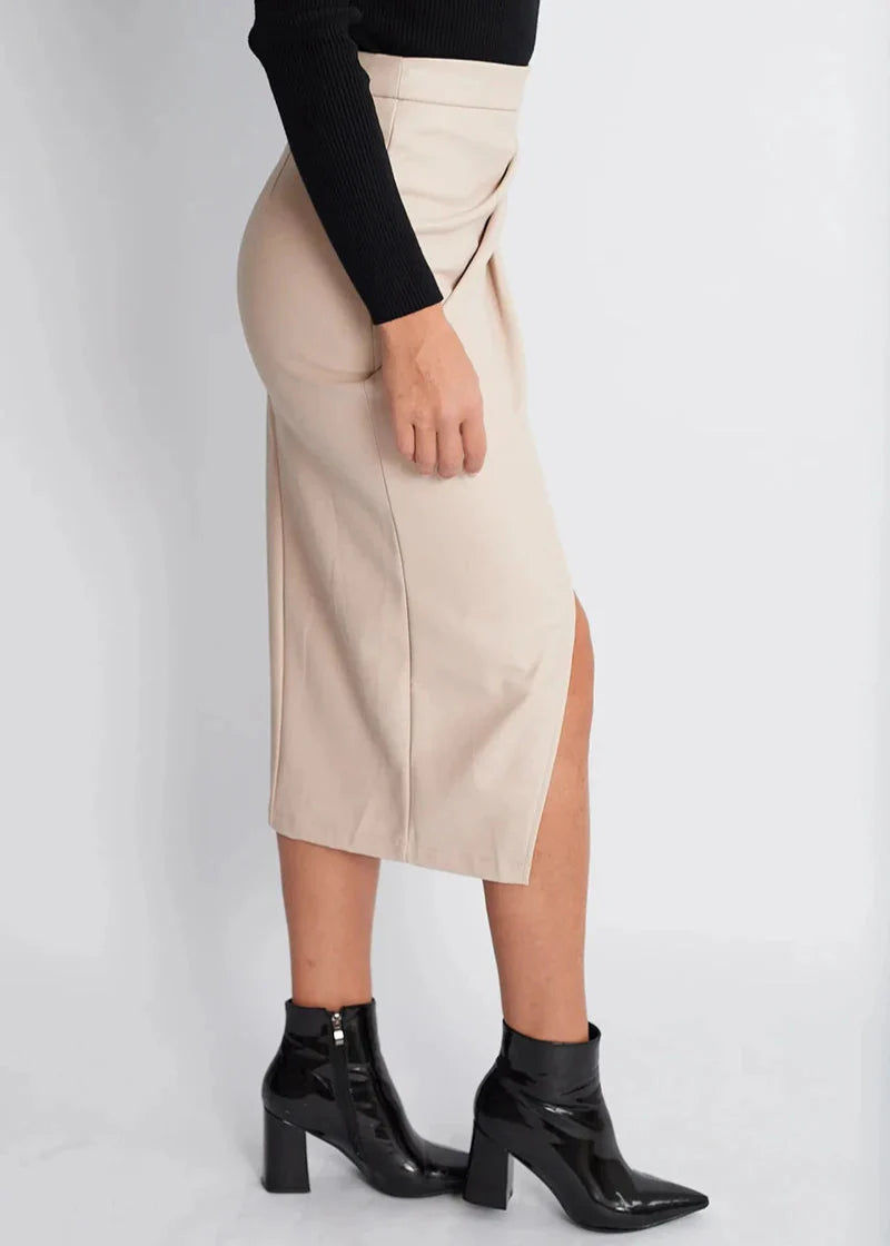 Draped Leather Midi Skirt