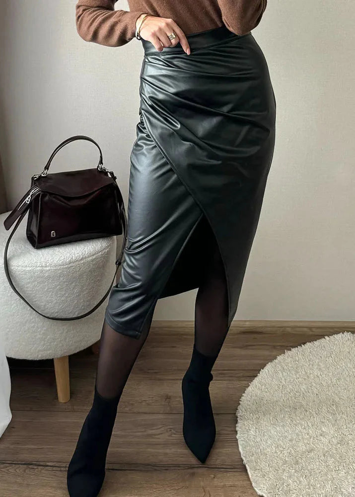 Draped Leather Midi Skirt