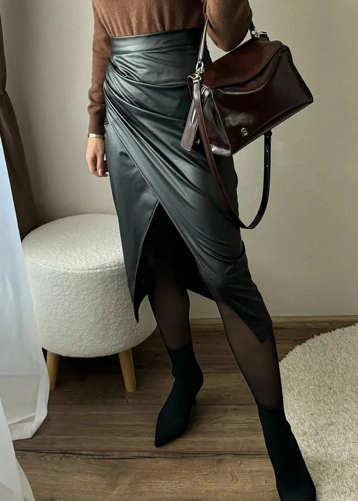 Draped Leather Midi Skirt