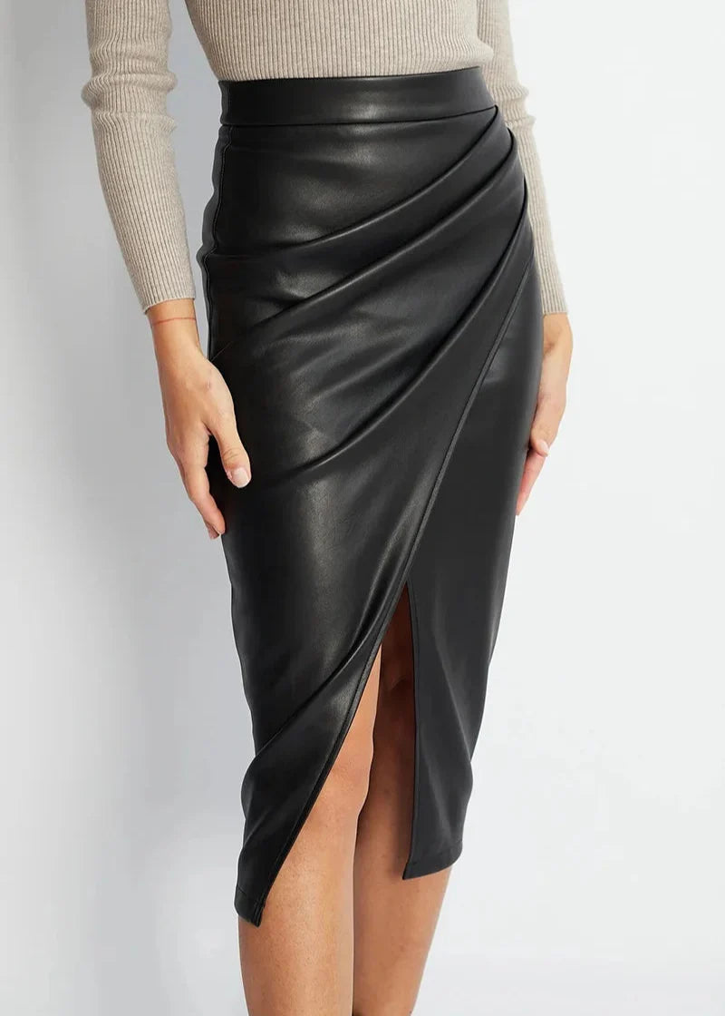 Draped Leather Midi Skirt