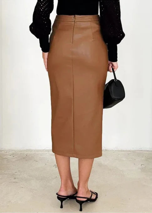 Draped Leather Midi Skirt