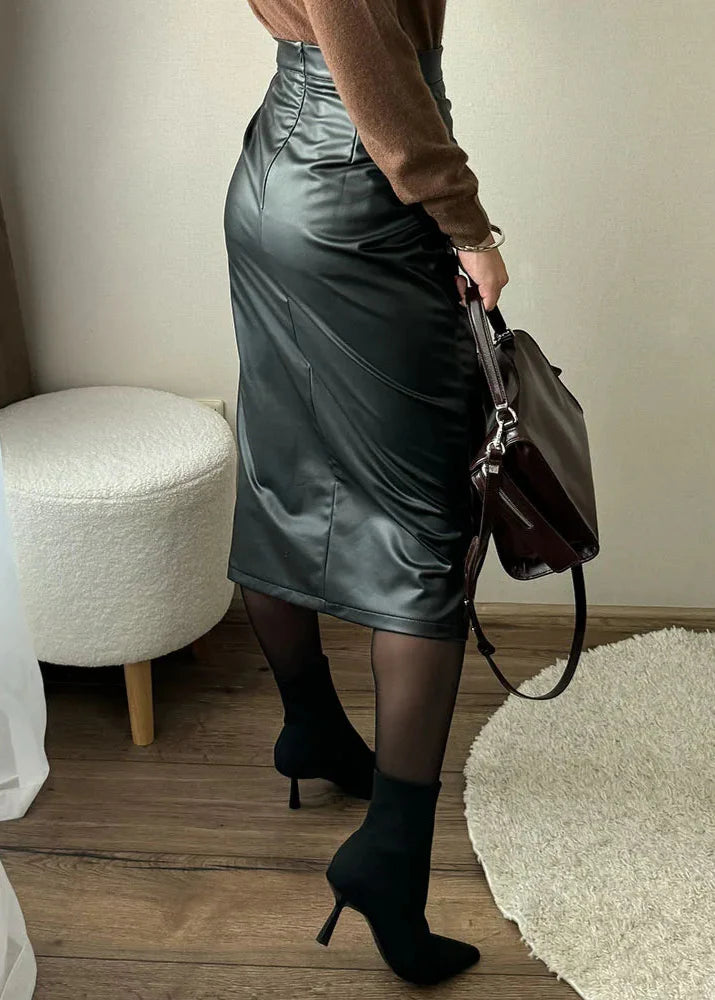 Draped Leather Midi Skirt