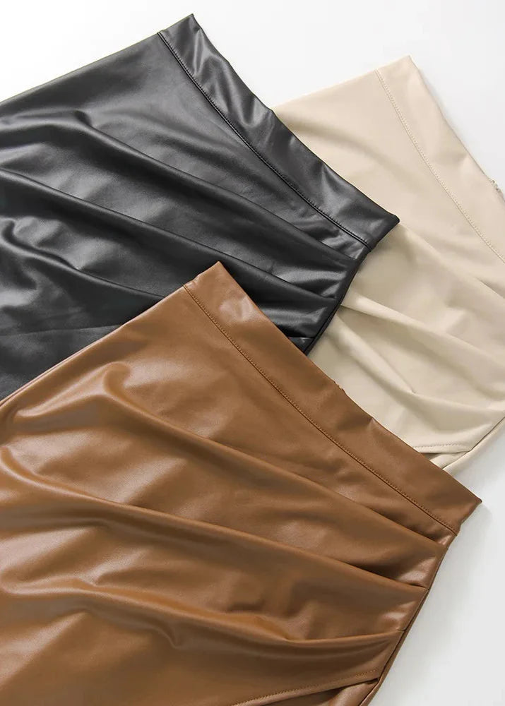 Draped Leather Midi Skirt