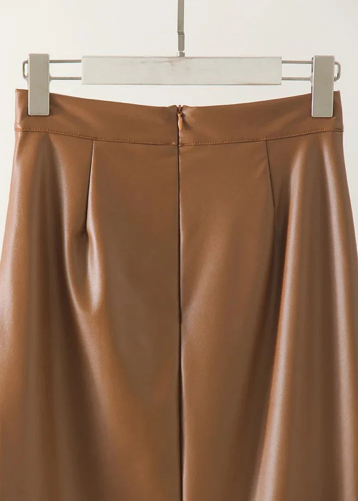 Draped Leather Midi Skirt