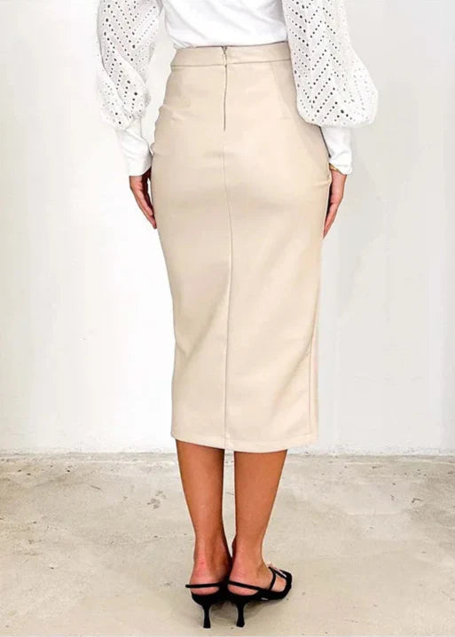 Draped Leather Midi Skirt
