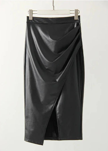 Draped Leather Midi Skirt