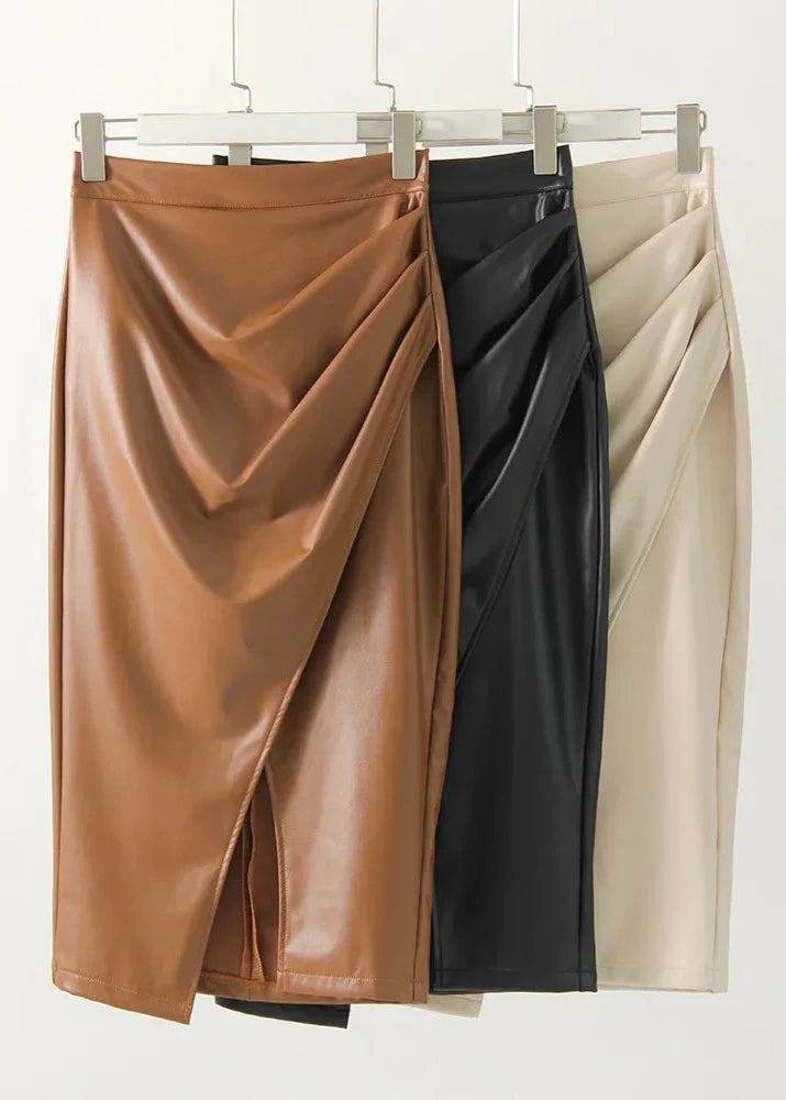 Draped Leather Midi Skirt