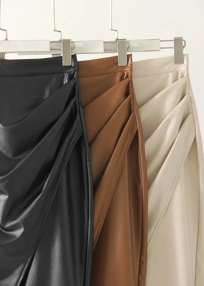 Draped Leather Midi Skirt