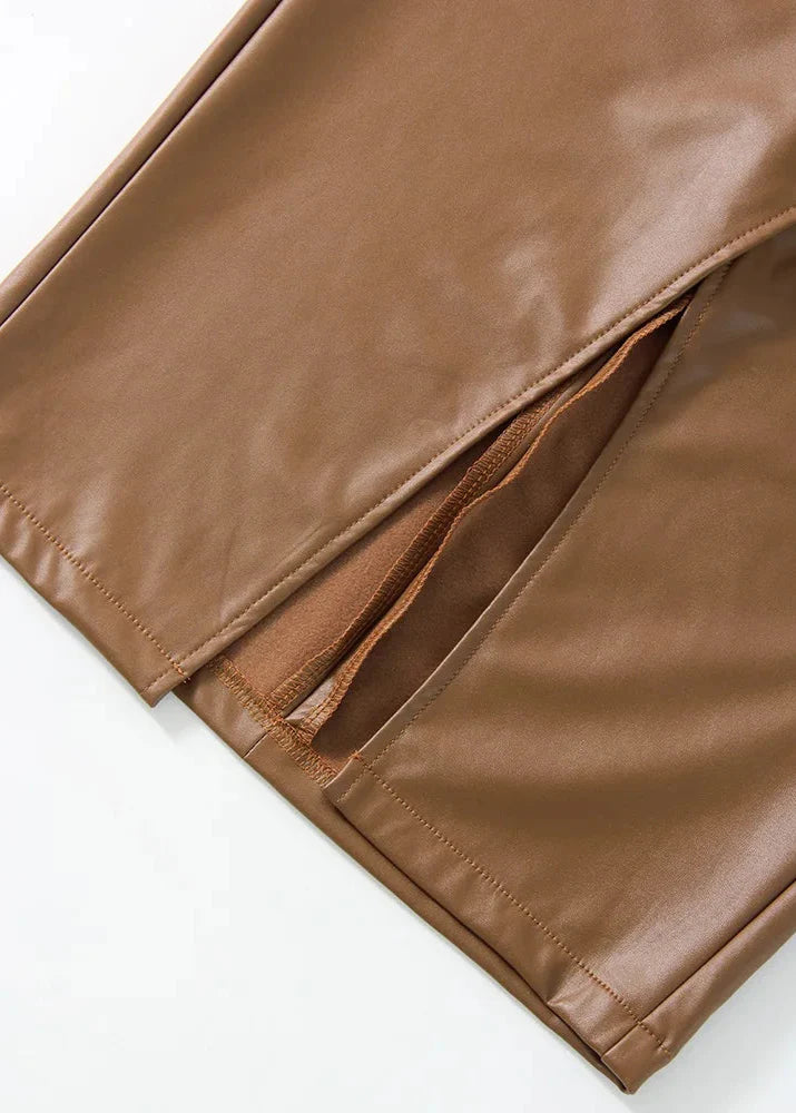 Draped Leather Midi Skirt