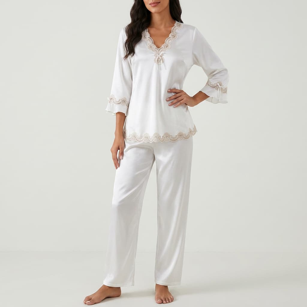 Vivienne | Lace-Trim Satin Pajama Set