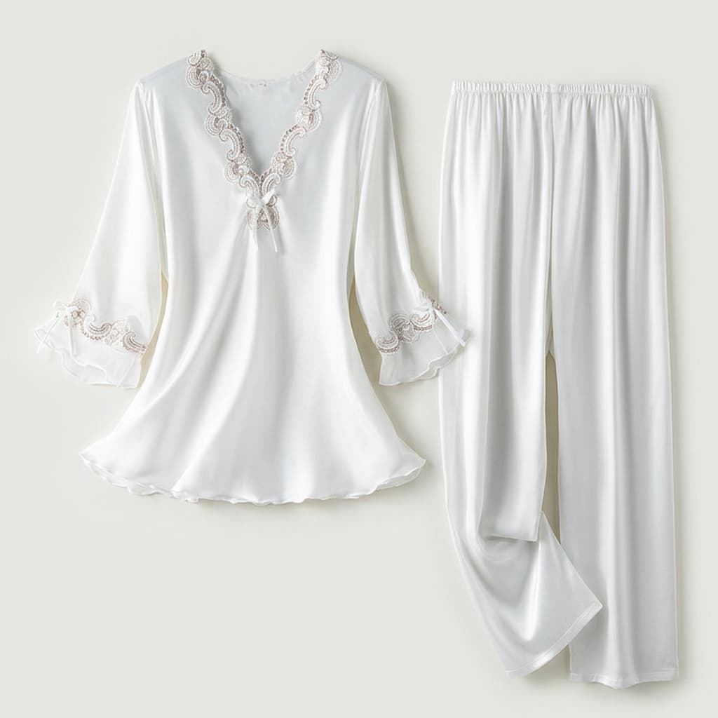 Vivienne | Lace-Trim Satin Pajama Set
