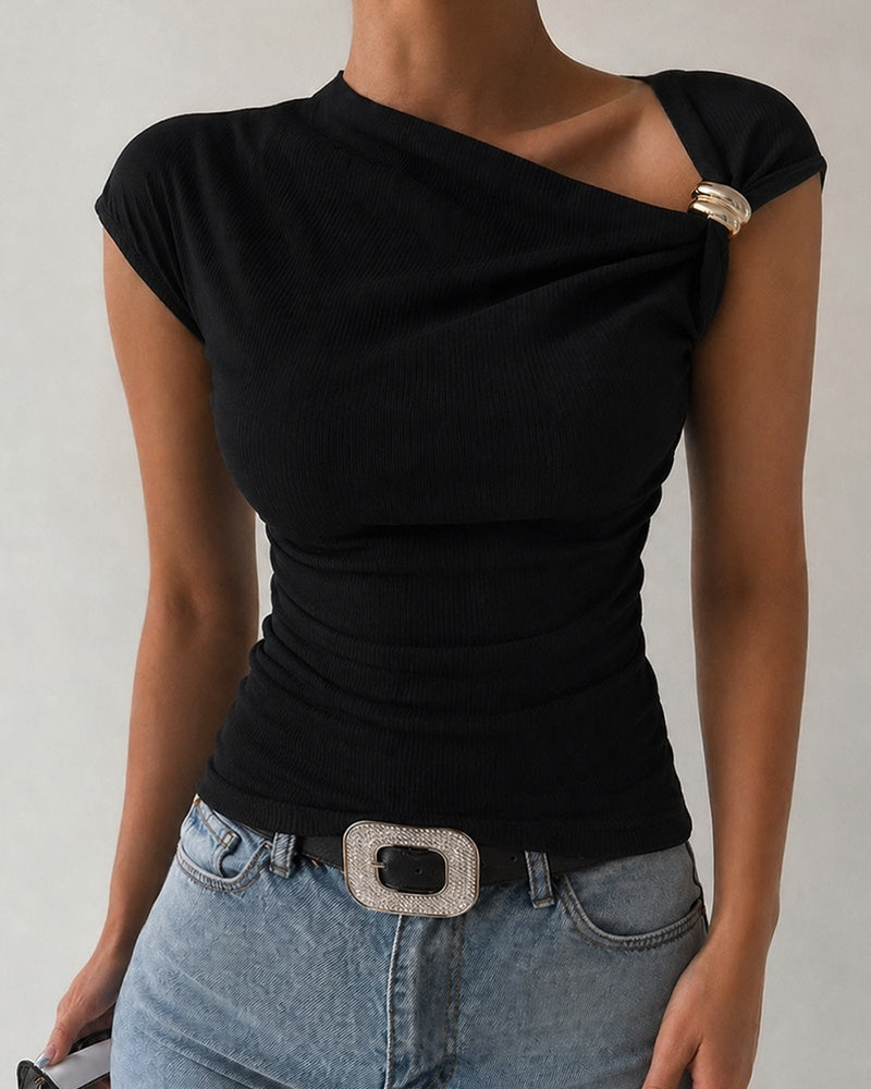 Asymmetric Ruched Top with Gold Buckle
