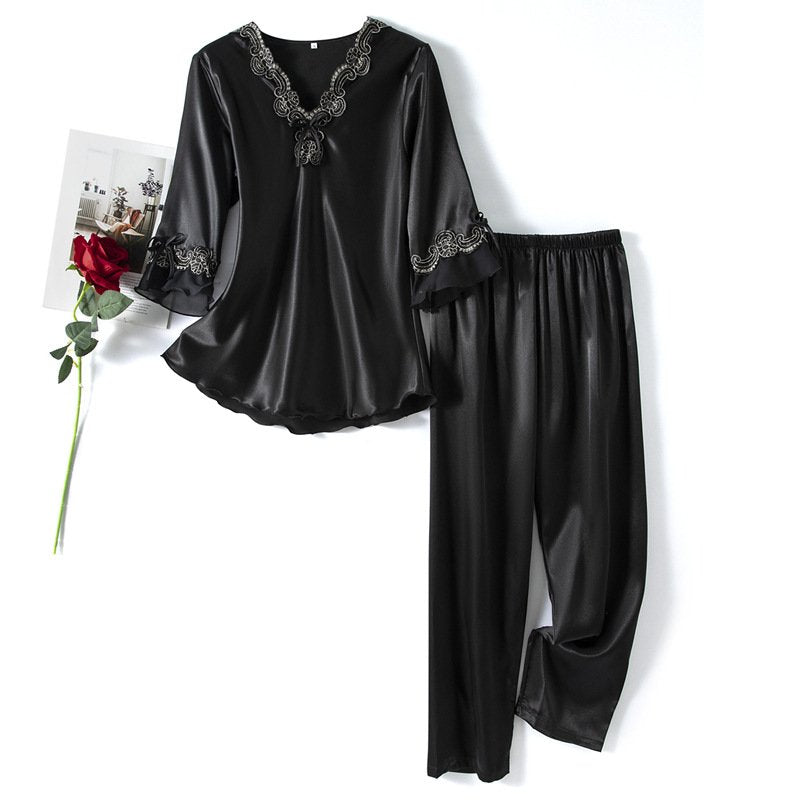 Vivienne | Lace-Trim Satin Pajama Set