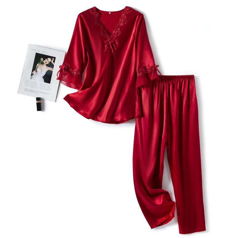 Vivienne | Lace-Trim Satin Pajama Set