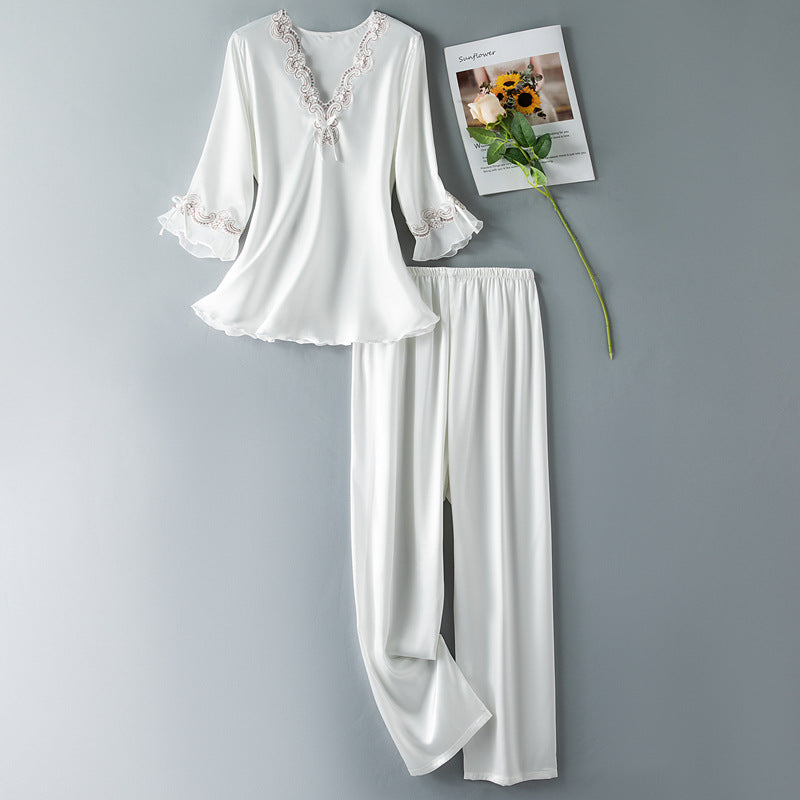 Vivienne | Lace-Trim Satin Pajama Set